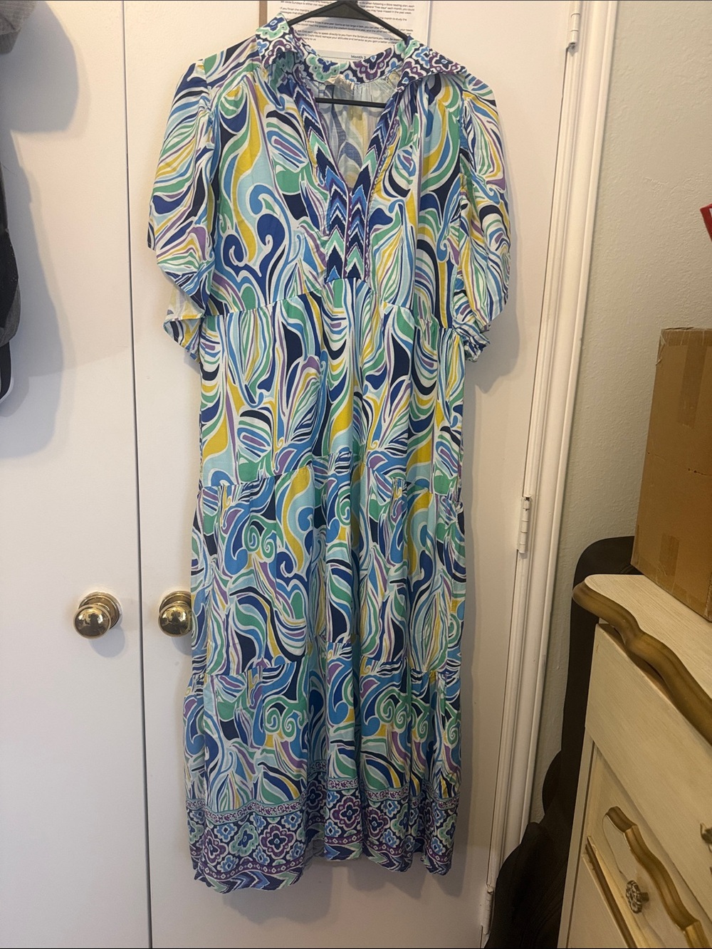 Umgee Blue, Green, Yellow and White Swirl Maxi Dress